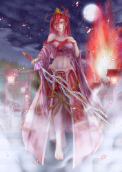 Rule 34 | 1girl, absurdres, artist request, bare shoulders, breasts, closed mouth, collarbone, fog, full body, full moon, hair ornament, hair stick, highres, holding, holding sword, holding weapon, horns, japanese clothes, long hair, long sleeves, looking at viewer, medium breasts, miko, moon, navel, night, original, pointy ears, red eyes, red hair, red skirt, seven-branched sword, skirt, solo, standing, stomach, sword, weapon, wide sleeves