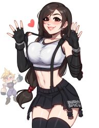 Rule 34 | 1girl, bare shoulders, black hair, black skirt, blush, blushyspicy, breasts, cloud strife, crop top, earrings, elbow gloves, final fantasy, final fantasy vii, final fantasy vii remake, fingerless gloves, gloves, highres, jewelry, large breasts, long hair, looking at viewer, low-tied long hair, midriff, navel, red eyes, skirt, smile, solo, suspenders, tank top, thumbs up, tifa lockhart
