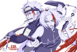 Rule 34 | 1boy, 1girl, armlet, bare shoulders, blood, blue theme, clenched teeth, cynthi, facial mark, green eyes, haruno sakura, headband, holding, holding weapon, injury, knife, kunai, monochrome, motion blur, mouth hold, naruto, naruto (series), ponytail, red eyes, short hair, simple background, spot color, teeth, uzumaki naruto, vest, weapon, whisker markings, white background
