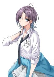 Rule 34 | absurdres, asakura toru, black hair, black necktie, blouse, blue eyes, blue hair, blue sweater, bracelet, breasts, clothes around waist, collared shirt, colored tips, grey skirt, hand on own neck, highres, idolmaster, idolmaster shiny colors, jewelry, medium breasts, multicolored hair, necktie, parted bangs, plaid, plaid skirt, shirt, short hair, skirt, sweater, sweater around waist, white shirt, zuolun cannon