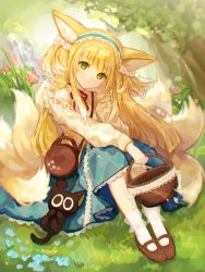Rule 34 | 1girl, animal, animal ear fluff, animal ears, arknights, bag, black cat, blonde hair, blue hairband, blue skirt, brown footwear, cat, closed mouth, commentary request, crossover, flower, fox ears, fox girl, fox tail, frilled hairband, frills, green eyes, hairband, head tilt, highres, ichita (yixisama-shihaohaizhi), jacket, kitsune, long hair, long sleeves, looking at viewer, luo xiaohei, multicolored hair, neck ribbon, on grass, puffy long sleeves, puffy sleeves, red flower, red ribbon, ribbon, shoes, shoulder bag, sitting, skirt, smile, socks, suzuran (arknights), suzuran (spring praise) (arknights), tail, luo xiaohei zhanji, twitter username, two-tone hair, two side up, very long hair, white hair, white jacket, white socks