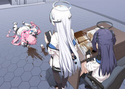 Rule 34 | 3girls, black footwear, black gloves, black pantyhose, black skirt, blue archive, boots, coffee, cup, fingerless gloves, floor, gloves, grey hair, halo, highres, holding, holding cup, holding pen, indoors, jacket, koyuki (blue archive), long hair, long sleeves, mechanical halo, multiple girls, noa (blue archive), pantyhose, paper, pen, pink hair, pink halo, pleated skirt, purple hair, sitting, skirt, swivel chair, thighhighs, twintails, two-sided fabric, two-sided jacket, two side up, white footwear, white jacket, white thighhighs, yukie (kusaka shi), yuuka (blue archive)