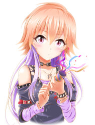Rule 34 | 1girl, blush, brown hair, choker, clothing cutout, collarbone, cropped torso, detached sleeves, eva 16-gouki, grey shirt, holding, idolmaster, idolmaster cinderella girls, jewelry, long sleeves, looking at viewer, multicolored hair, necklace, ninomiya asuka, purple hair, purple sleeves, red eyes, shirt, shoulder cutout, simple background, solo, two-tone hair, upper body, white background