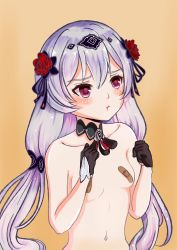 Rule 34 | 1girl, absurdres, bandaid, bandaids on nipples, blush, breasts, collarbone, female focus, flower, gloves, hair flower, hair ornament, hands up, highres, honkai (series), honkai impact 3rd, long hair, navel, nude, pasties, pout, simple background, small breasts, solo, theresa apocalypse, twintails, upper body