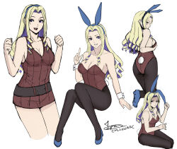Rule 34 | 1girl, ass, blonde hair, breasts, cleavage, cm lynarc, constance von nuvelle, fire emblem, fire emblem: three houses, leotard, medium breasts, multicolored hair, nintendo, pantyhose, playboy bunny, purple eyes, purple hair, rabbit ears, simple background, solo, white background