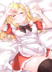 Rule 34 | 1girl, absurdres, apron, bed sheet, black thighhighs, blonde hair, bow, bowtie, commentary request, dress, closed eyes, frilled apron, frilled dress, frills, highres, long hair, lying, maid apron, medium hair, on back, puffy short sleeves, puffy sleeves, red dress, short sleeves, sleeping, solo, thighhighs, thighs, touhou, touhou (pc-98), waist bow, white apron, yumeko (touhou), yurufuwa milk