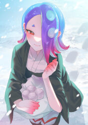 Rule 34 | 1girl, absurdres, blue hair, blue sky, cephalopod eyes, closed mouth, commentary request, earrings, gradient hair, hd rock, highres, japanese clothes, kimono, korean commentary, long hair, looking at viewer, multicolored hair, nintendo, octoling, outdoors, red eyes, red hair, sandals, shiver (splatoon), sky, snowing, solo, splatoon (series), splatoon 3, squatting, tentacle hair, thick eyebrows, tooth earrings, two-tone hair, zouri