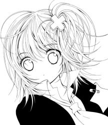 Rule 34 | 1girl, armband, collared shirt, cross hair ornament, greyscale, hair ornament, hinamori amu, jacket, lineart, looking at viewer, monochrome, necktie, one side up, safety pin, scope, shirt, shugo chara!, simple background, solo, upper body, white background, x hair ornament, yaotetsu