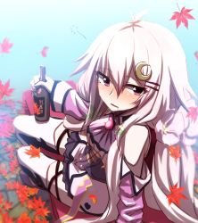 Rule 34 | 1girl, alcohol, antenna hair, blurry, blush, bottle, character request, depth of field, drink, drooling, drunk, falling leaves, flower knight girl, hair between eyes, hair ornament, leaf, mizunashi (second run), outdoors, solo, thighhighs, white hair, white thighhighs