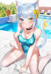 Rule 34 | 1girl, animal ears, aqua one-piece swimsuit, black choker, blue eyes, breasts, cat ears, cat tail, choker, cleavage, competition swimsuit, covered navel, heterochromia, highleg, highleg swimsuit, highres, medium breasts, one-piece swimsuit, original, pool, poolside, ribbon, see-through, shirosaba, short hair, sitting, solo, swimsuit, tail, tail ornament, tail ribbon, thighhighs, wariza, wet, wet clothes, white hair, white thighhighs, yellow eyes