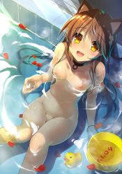 Rule 34 | 1girl, animal ears, bathing, breasts, brown eyes, brown hair, cat ears, collar, collarbone, flower, from above, hair flower, hair ornament, heart, heart-shaped pupils, long hair, looking at viewer, nipples, nude, open mouth, original, partially submerged, petals, rubber duck, small breasts, solo, symbol-shaped pupils, water, yanagi yuu