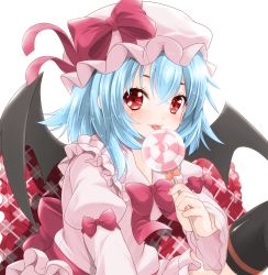 Rule 34 | 1girl, bat wings, blue hair, bow, candy, fang, food, fujishima shinnosuke, hat, hat ribbon, highres, juliet sleeves, knee up, licking, lollipop, long sleeves, looking at viewer, mob cap, pillow, puffy sleeves, red eyes, remilia scarlet, ribbon, sash, shadow, short hair, simple background, sinnosuke, skirt, skirt set, solo, swirl lollipop, thighhighs, tongue, tongue out, touhou, white background, wings