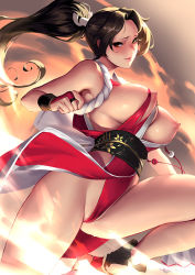Rule 34 | 1girl, breasts, cian yo, cleavage, fatal fury, large breasts, nipple slip, nipples, pelvic curtain, revealing clothes, shiranui mai, snk, solo, the king of fighters, thighs
