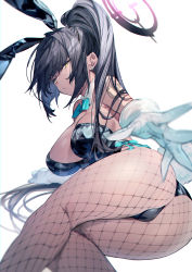 Rule 34 | 1girl, animal ears, ass, ass focus, bare shoulders, black hair, black leotard, blue archive, blush, bow, bowtie, breasts, bukurote, cleavage, curvy, dark-skinned female, dark skin, detached collar, fake animal ears, fishnet pantyhose, fishnets, gloves, hands up, highleg, highleg leotard, highres, karin (blue archive), karin (bunny) (blue archive), large breasts, leaning forward, leotard, long hair, looking at viewer, official alternate costume, outstretched arm, pantyhose, playboy bunny, ponytail, rabbit ears, rabbit pose, shiny clothes, shiny skin, sidelocks, solo, strapless, strapless leotard, thighs, traditional bowtie, very long hair, white gloves, wide hips, wrist cuffs, yellow eyes