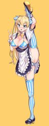 Rule 34 | 1girl, apron, ass, bikini, blonde hair, blue bikini, blue eyes, blush, borrowed character, bow, bowtie, breasts, cleavage, commentary request, crossed bangs, dress, fingernails, flexible, frilled dress, frills, full body, garter straps, hair between eyes, hair bow, hair ornament, hairclip, heart, high heels, highres, kaedeko (kaedelic), large breasts, leg up, legs, lina (michihasu), long hair, looking at viewer, mary janes, multicolored nails, nail polish, name tag, open mouth, original, puffy short sleeves, puffy sleeves, shoe soles, shoes, short sleeves, simple background, skindentation, smile, split, standing, standing on one leg, standing split, string bikini, striped bow, striped clothes, striped thighhighs, swimsuit, thighhighs, thighs, tsurime, twintails, two side up, vertical-striped clothes, vertical-striped thighhighs, w, waist apron, white apron, yellow background