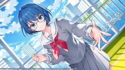 Rule 34 | 1girl, absurdres, blue eyes, blue hair, blue sky, building, closed mouth, cloud, commentary request, cowboy shot, glasses, grey serafuku, grey skirt, highres, kiritani haruka, long sleeves, looking at viewer, miyamasuzaka girls&#039; academy school uniform, nardack, neckerchief, official art, outstretched hand, pleated skirt, project sekai, red neckerchief, sailor collar, school uniform, second-party source, serafuku, short hair, signature, skirt, sky, smile, solo