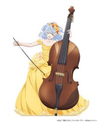 Rule 34 | 1girl, alternate costume, anya dostoyevskaya, aria (manga), bare shoulders, bow (music), closed eyes, copyright name, copyright notice, dated, double bass, dress, flower, full body, grey hair, hair flower, hair ornament, highres, holding, holding instrument, instrument, medium hair, music, off-shoulder dress, off shoulder, official art, open mouth, playing instrument, simple background, solo, standing, white background, yellow dress