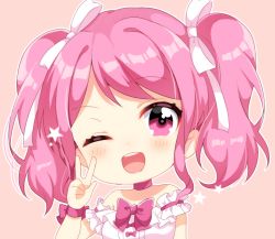 Rule 34 | 1girl, ;d, bang dream!, blush, bow, bowtie, chibi, detached sleeves, frilled sleeves, frills, hair ribbon, hand up, maruyama aya, nameneko (124), one eye closed, open mouth, outline, pink background, pink bow, pink bowtie, pink eyes, pink hair, ribbon, short sleeves, sidelocks, smile, solo, star (symbol), twintails, upper body, w, white outline, white ribbon, wrist bow