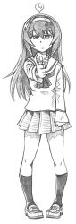 Rule 34 | 1girl, :|, bbb (friskuser), blouse, closed mouth, commentary, expressionless, full body, girls und panzer, graphite (medium), greyscale, hairband, half-closed eyes, highres, loafers, long hair, long sleeves, looking at viewer, miniskirt, monochrome, neckerchief, ooarai school uniform, pleated skirt, reizei mako, sailor collar, school uniform, serafuku, shirt, shoes, skirt, socks, solo, standing, thumbs up, traditional media, translated
