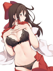 Rule 34 | 1girl, absurdres, bad id, bad pixiv id, bare shoulders, black bra, black hair, black panties, blush, bow, bra, breasts, cleavage, closed mouth, clothes lift, clothes pull, cowboy shot, detached sleeves, gluteal fold, hair bow, hair ribbon, hair tubes, hakurei reimu, highres, large bow, large breasts, lifted by self, long hair, long sleeves, looking away, looking to the side, panties, red bow, red eyes, red shirt, red skirt, ribbon, shirt, shirt lift, sidelocks, simple background, skirt, skirt pull, solo, touhou, underwear, white background, white sleeves, wide sleeves, ziro (zirorong)