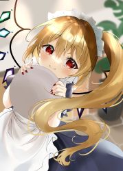 Rule 34 | 1girl, alternate costume, apron, blonde hair, blue dress, blurry, blurry background, blush, commentary, cowboy shot, dress, enmaided, fingernails, flandre scarlet, hair between eyes, highres, holding, holding tray, kamachi (kamati0maru), leaning to the side, looking at viewer, maid, maid apron, maid headdress, nail polish, one side up, plant, potted plant, puffy short sleeves, puffy sleeves, red eyes, red nails, sett, sharp fingernails, short hair with long locks, short sleeves, smile, solo, standing, touhou, tray, wings