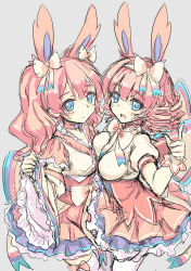 Rule 34 | 10s, 2girls, animal ears, blue eyes, blush, boots, bow, breast press, creatures (company), detached sleeves, dress, drill hair, game freak, gen 6 pokemon, gloves, hair ornament, hair ribbon, japanese clothes, kimono, long hair, looking at viewer, magical girl, miniskirt, multiple girls, nintendo, north abyssor, one eye closed, personification, pink hair, pokemon, pokemon xy, ribbon, short kimono, sketch, skirt, smile, sylveon, thighhighs, twintails, wand, white legwear, wide sleeves, wink