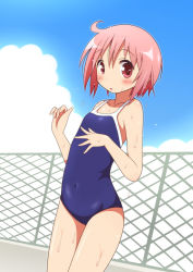 Rule 34 | 1girl, chain-link fence, competition school swimsuit, covered navel, fence, mel (artist), mel (melty pot), nonohara yuzuko, one-piece swimsuit, pink eyes, pink hair, school swimsuit, short hair, standing, swimsuit, wet, yuyushiki