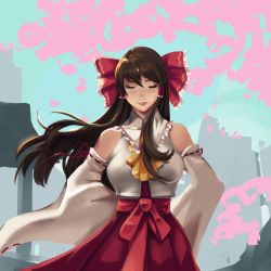 Rule 34 | 1girl, bow, breasts, brown hair, detached sleeves, closed eyes, hair bow, hair tubes, hakurei reimu, hands on own hips, hannah santos, highres, japanese clothes, large breasts, lips, long hair, miko, nose, red bow, solo, touhou, wide sleeves