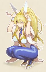 Rule 34 | 1girl, animal ears, artoria pendragon (all), artoria pendragon (fate), artoria pendragon (swimsuit ruler) (fate), blonde hair, blue necktie, blue pantyhose, blush, braid, breasts, bunny day, center opening, cleavage, closed mouth, commentary request, detached collar, embarrassed, fate/grand order, fate (series), fishnet pantyhose, fishnets, french braid, fujii eishun, full body, fur (clothing), gold trim, green eyes, hair between eyes, hands up, high heels, highres, large breasts, leotard, long hair, looking at viewer, navel, necktie, pantyhose, playboy bunny, ponytail, rabbit ears, rabbit pose, shoes, short necktie, sidelocks, simple background, solo, squatting, strapless, strapless leotard, tiara, very long hair, white footwear, white leotard, wrist cuffs, yellow headwear