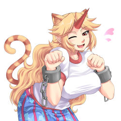Rule 34 | 1girl, animal ears, blonde hair, breasts, cat ears, cat girl, cat tail, chain, covered erect nipples, cuffs, extra ears, fang, female focus, highres, horns, hoshiguma yuugi, katwu (gensou ninja yashiki), kemonomimi mode, large breasts, long hair, one eye closed, paw pose, pointy ears, red eyes, simple background, single horn, solo, tail, touhou, wink