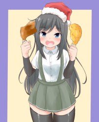 Rule 34 | 1girl, arm warmers, asashio (kancolle), black hair, black thighhighs, blue eyes, chicken (food), christmas, collared shirt, cowboy shot, food, fried chicken, grey skirt, hair between eyes, hat, holding, kantai collection, long hair, looking at viewer, open mouth, pink background, pleated skirt, purple background, santa hat, school uniform, shirou (amato shirou), shirt, short sleeves, skirt, smile, solo, suspender skirt, suspenders, thighhighs, turkey (food), turkey leg, two-tone background, white shirt