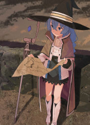 Rule 34 | 1girl, black skirt, blue eyes, blue hair, boots, braid, cape, female focus, grass, hair between eyes, hat, high collar, highres, holding, holding map, map, mushoku tensei, outdoors, pikumin, roxy migurdia, skirt, smile, solo, staff, stone wall, twin braids, wall, white footwear, witch hat