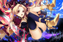 Rule 34 | 1girl, absurdres, ankle boots, blonde hair, blue thighhighs, boots, breasts, cape, ereshkigal (fate), falling, fate/grand order, fate (series), gold trim, hand up, high heel boots, high heels, highres, jewelry, long hair, looking at viewer, open mouth, outdoors, parted bangs, petals, red eyes, shoe soles, single thighhigh, small breasts, sogawa66, solo, teeth, thighhighs, thighs, tohsaka rin, two side up, very long hair