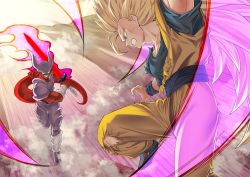 Rule 34 | 2boys, absurdly long hair, blonde hair, blue eyes, boots, bruise, clenched teeth, dougi, dragon ball, dragonball z, energy, energy sword, evil smile, fighting stance, flying, grin, holding, holding sword, holding weapon, horns, injury, janemba, long hair, looking at another, male focus, mattari illust, multiple boys, pants, pointy ears, profile, sharp teeth, shirt, smile, son goku, super saiyan, super saiyan 3, sword, teeth, torn clothes, torn legwear, torn pants, torn shirt, twitter username, very long hair, weapon, wide shot, wristband