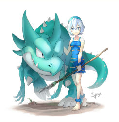 Rule 34 | anklet, barefoot, blue eyes, blue hair, blush stickers, caveman, claws, collarbone, commentary request, dinosaur, dress, holding, holding polearm, holding spear, holding weapon, horns, jewelry, light blue hair, looking at viewer, original, polearm, prehistoric, prehistoric animal, sangi, short hair, signature, smile, spear, spines, teeth, weapon, white background