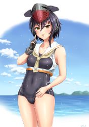 Rule 34 | 10s, 1girl, asymmetrical hair, black hair, black one-piece swimsuit, brown eyes, cowboy shot, day, framed breasts, gloves, hair between eyes, hat, headphones, highres, i-13 (kancolle), index finger raised, kantai collection, looking at viewer, one-piece swimsuit, partially fingerless gloves, sailor collar, school swimsuit, short hair, single glove, solo, standing, swimsuit, wet, yurashima