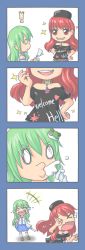 Rule 34 | !, &gt; &lt;, +++, 2girls, 4koma, :d, baise fenbi xian, border, closed eyes, clothes writing, collar, comic, crying, green hair, hat, hecatia lapislazuli, highres, kochiya sanae, laughing, multiple girls, off-shoulder shirt, off shoulder, open mouth, red eyes, red hair, shirt, silent comic, simple background, skirt, smile, sparkle, spit take, spitting, t-shirt, tears, touhou, white chalk lines