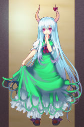 Rule 34 | 1girl, blue hair, blush, breasts, cleavage, coffee cat, covering own mouth, dress, ex-keine, female focus, gradient hair, green dress, hand over own mouth, horn ornament, horn ribbon, horns, kamishirasawa keine, long hair, multicolored hair, pink eyes, ribbon, silver hair, skirt hold, solo, standing, touhou, very long hair