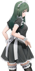 Rule 34 | 1girl, absurdres, back bow, black dress, blush, bow, breasts, brown eyes, contrapposto, cowboy shot, dress, frilled dress, frilled thighhighs, frills, from behind, from side, furrowed brow, g9in32, green hair, highres, idolmaster, idolmaster million live!, long hair, looking at viewer, looking back, maid, maid headdress, medium breasts, mole, mole under mouth, otonashi kotori, parted lips, puffy sleeves, sash, short dress, short sleeves, sideways glance, simple background, solo, standing, straight hair, thighhighs, white background, white bow, white sash, white wrist cuffs, wrist cuffs, zettai ryouiki