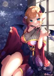 1girl bare_shoulders black_wings blonde_hair blue_eyes blush breasts cleavage demon_girl demon_horns demon_wings full_moon hair_bun hand_fan highres holding holding_fan hololive horns japanese_clothes kimono leotard looking_at_viewer moon night off_shoulder pointy_ears red_kimono see-through_cleavage see-through_clothes see-through_leotard shirokumo_chromu sitting snowflakes solo virtual_youtuber wings yuzuki_choco