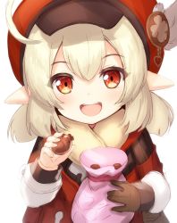 Rule 34 | 1girl, :d, ahoge, bag, blonde hair, brown gloves, cabbie hat, candy, child, clover print, coat, commentary, eyebrows, eyelashes, food, genshin impact, gloves, hair between eyes, hat, highres, kageira, klee (genshin impact), long sleeves, looking at viewer, open mouth, pointy ears, red coat, red eyes, short twintails, simple background, single glove, smile, solo, teeth, thick eyelashes, twintails, upper teeth only, white background, ||/