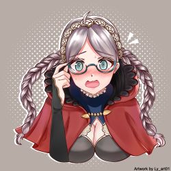 Rule 34 | 1girl, @ @, absurdres, adjusting eyewear, ahoge, artist name, blue eyes, braid, breasts, bridal gauntlets, capelet, choker, cleavage, coke-bottle glasses, commission, commissioner upload, english text, fire emblem, fire emblem fates, fire emblem heroes, glasses, grey hair, hairband, highres, hood, hooded capelet, long hair, looking at viewer, ly art01, medium breasts, nina (fire emblem), nintendo, open mouth, red hood, resolution mismatch, solo, source smaller, surprised, twin braids, upper body