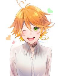 Rule 34 | 1girl, absurdres, blush, emma (yakusoku no neverland), heart, highres, kosodoro, looking at viewer, neck tattoo, number tattoo, one eye closed, open mouth, orange hair, shirt, short hair, simple background, smile, solo, tattoo, white shirt, yakusoku no neverland