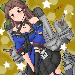 Rule 34 | 1girl, black gloves, black skirt, blue shirt, bow, breasts, brown eyes, brown hair, cannon, cleavage, cosplay, cowboy shot, dutch angle, gloves, green bow, hair bow, hair intakes, half updo, hamu agaki, highres, jintsuu (kancolle), johnston (kancolle) (cosplay), johnston (kancolle), kantai collection, long hair, machinery, medium breasts, off shoulder, pleated skirt, sailor collar, shirt, single glove, skirt, smokestack, solo, star (symbol), starry background, turret, united states medal of honor