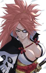 Rule 34 | 1girl, amputee, anagumasan, arc system works, baiken, breasts, cleavage, collarbone, commentary request, eyepatch, facial tattoo, guilty gear, guilty gear xrd, high ponytail, highres, jacket, jacket on shoulders, japanese clothes, katana, kimono, large breasts, lips, long hair, obi, one-eyed, open clothes, parted lips, pink hair, ponytail, samurai, sash, scar, scar across eye, scar on face, skull print, solo, sword, tattoo, upper body, weapon, white background
