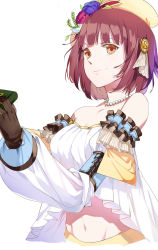 Rule 34 | 1girl, atelier (series), atelier sophie, bad id, bad pixiv id, bead necklace, beads, beret, blue flower, brown gloves, brown hair, cross-laced clothes, female focus, flower, frills, gloves, hair flower, hair ornament, hat, highres, jewelry, long sleeves, looking at viewer, midriff, nakamura rohane, navel, necklace, off shoulder, orange eyes, pink flower, puffy long sleeves, puffy sleeves, short hair, simple background, smile, solo, sophie neuenmuller, upper body, white background, white flower, yellow hat