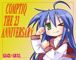 Rule 34 | 00s, 1girl, ;d, ahoge, clenched hands, eyebrows, green eyes, izumi konata, long sleeves, looking at viewer, lucky star, mole, mole under eye, one eye closed, open mouth, sailor collar, school uniform, serafuku, sidelocks, simple background, smile, solo, upper body, yellow background
