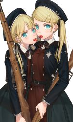 Rule 34 | 2girls, belt, belt buckle, beret, berry, black belt, black headwear, black jacket, black ribbon, blue eyes, blush, bolt action, buckle, cherry, coat, collar, commentary request, food, food in mouth, fruit, gun, hair ornament, hair ribbon, hairclip, hat, highres, holding, holding gun, holding weapon, jacket, kippu, long hair, long sleeves, looking at viewer, military, military uniform, mosin-nagant, multiple girls, original, ribbon, rifle, side ponytail, simple background, star (symbol), uniform, upper body, weapon, white background, white coat