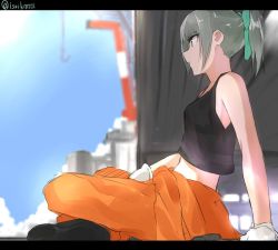 Rule 34 | 10s, 1girl, arm support, artist name, blurry, depth of field, green hair, hair ribbon, indian style, isshiki (ffmania7), jumpsuit, kantai collection, leaning back, letterboxed, midriff, orange jumpsuit, ponytail, ribbon, shipyard, sitting, solo, tank top, twitter username, yuubari (kancolle)