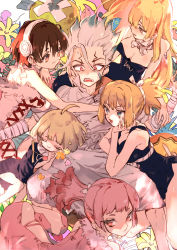 Rule 34 | 1boy, 5girls, ahoge, artist request, bare arms, bare shoulders, blonde hair, blue dress, breasts, brown hair, cleavage, closed eyes, closed mouth, dr. stone, dress, flower, green hair, hair ornament, harem, highres, ishigami senkuu, kohaku (dr. stone), large breasts, long hair, lying on lap, matching hair/eyes, momiji homura, multicolored hair, multiple girls, ogawa yuzuriha, open mouth, pimp, pink dress, pink eyes, pink hair, ruri (dr. stone), short hair, smile, suika (dr. stone), sweat, thighs, two-tone hair, white hair